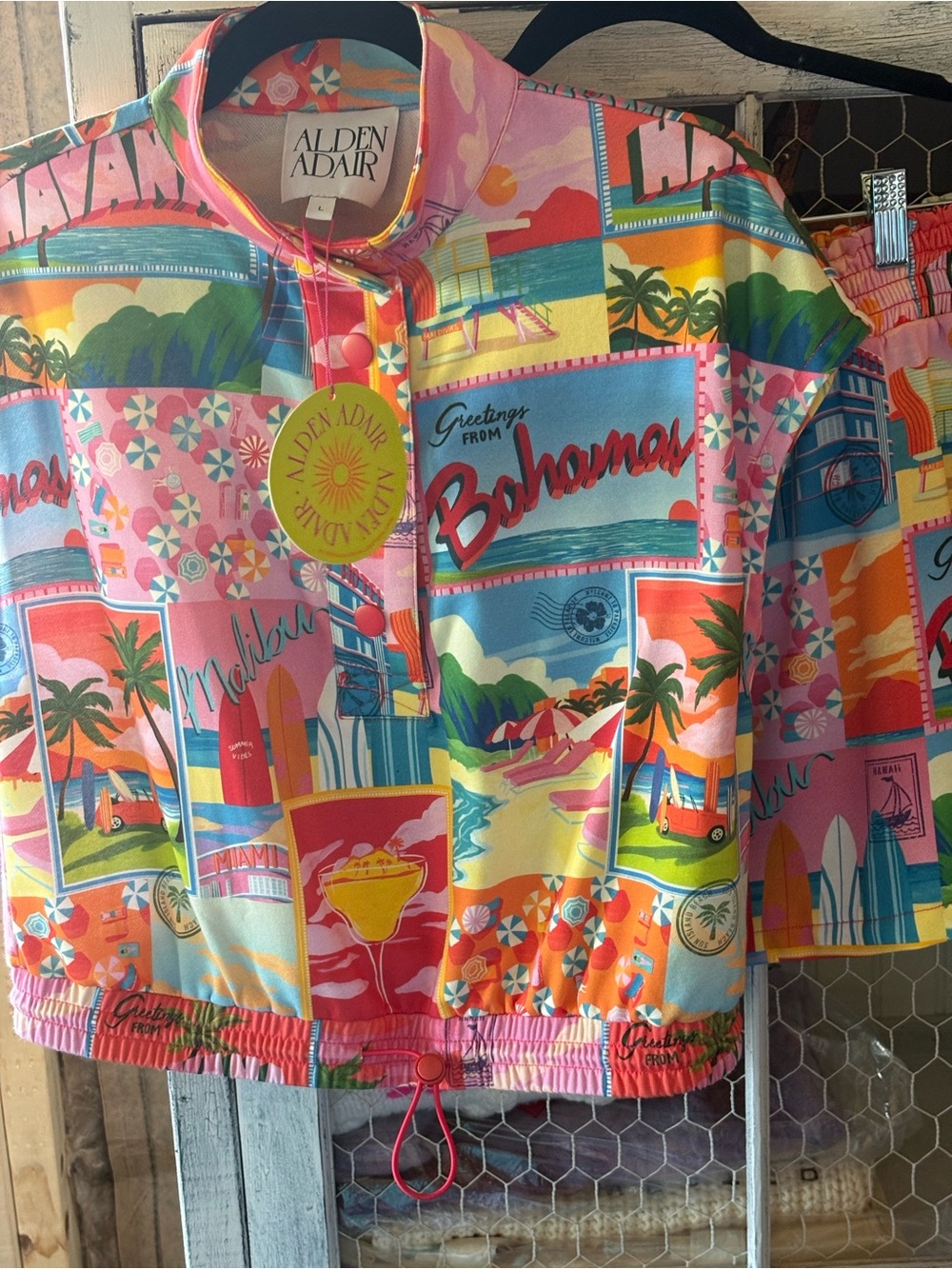 Alden Adair Women's Tropical Postcard Rashguard — Pink, Blue & Yellow
